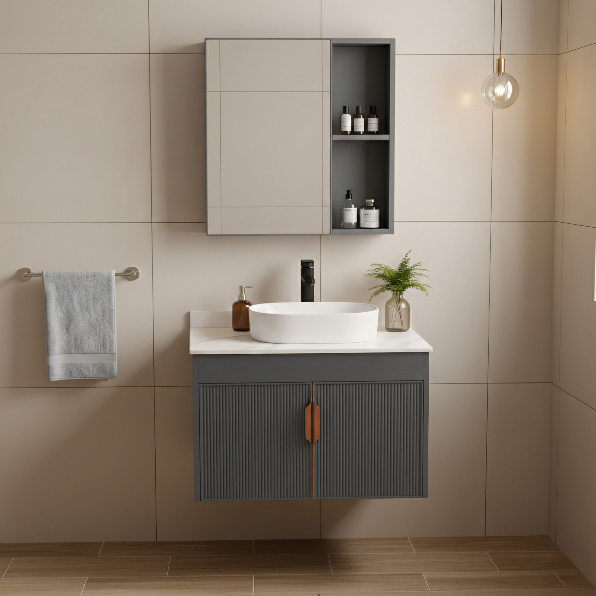 fc1b09e78c956a03932d9197f204d804.jpg Badrumsmöbelset med bänkskiva Modo 60 cm Grå - Bild 1