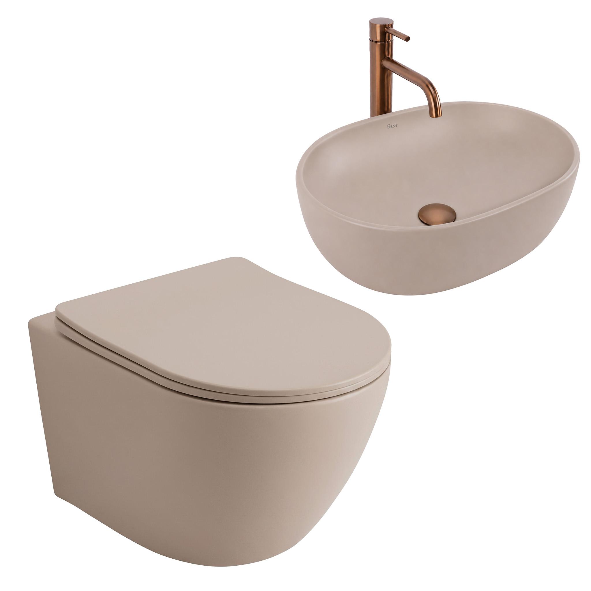 Set Vägghängd WC-stol Focus + Tvättställ för Bänkskiva Focus Taupe Set Vägghängd WC-stol Focus + Tvättställ för Bänkskiva Focus Taupe